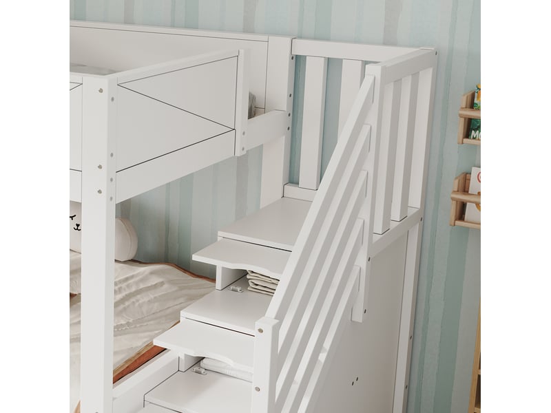  Lit superposé 90x200 cm, escalier de rangement et placards sous le lit, en bois, blanc, sans matelas  - Conforama E