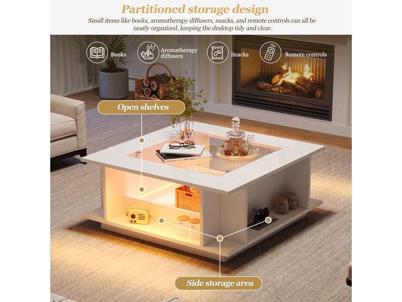  Table basse carrée blanche 70x70x30 cm avec plateau en verre, table de salon avec led contrôlable par application, finition brillante  - Conforama R