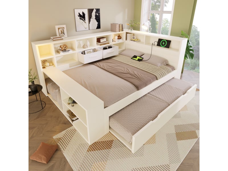  Lit gigogne 140 × 190 cm, couchage 90 × 190 cm, niches et usb-c, blanc IKSETERA TRADING LTD - Conforama E