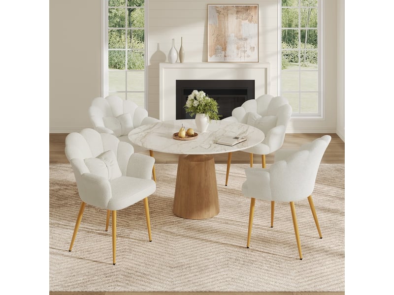  Chaise blanche en tissu teddy, lot de 4, design feuille de fleur, pieds métalliques dorés et pads anti-rayures  - Conforama B