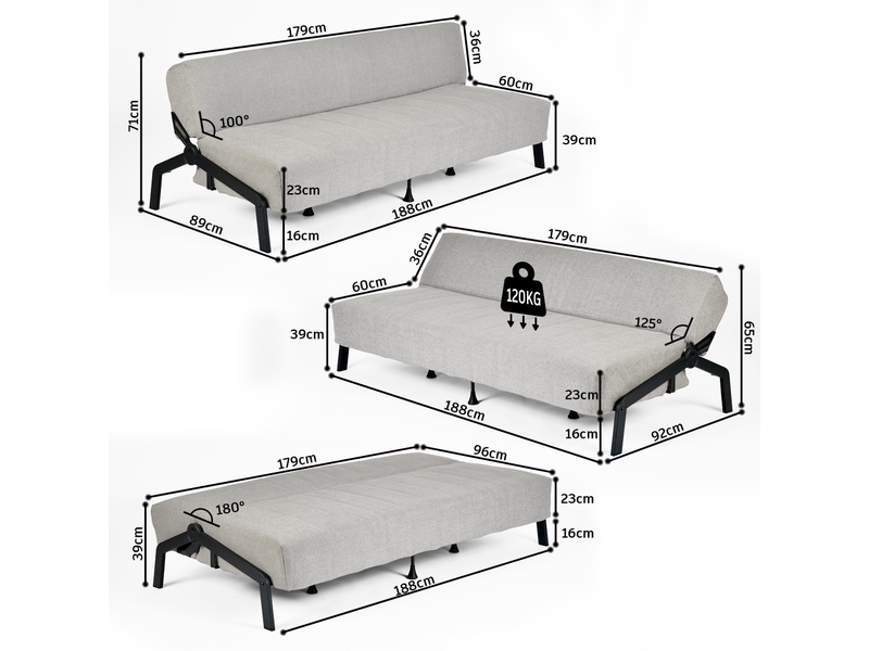  Canapé-lit convertible 3 places avec ressorts et dossier inclinable 3 niveaux en tissu gris  - Conforama D