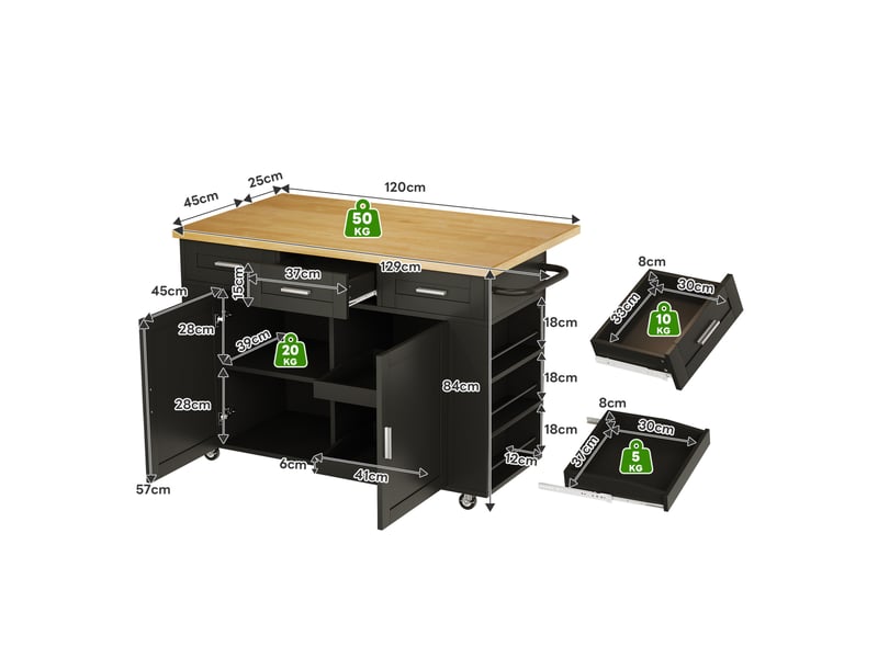 Îlot de cuisine mobile 120x70x84 cm avec plateau rabattable, tiroirs et prises, noir et naturel - Conforama E