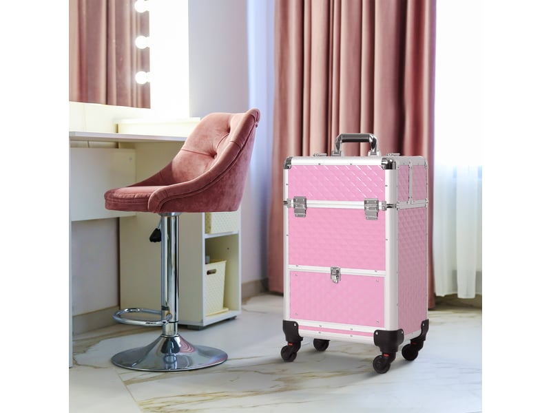  Trousse de maquillage professionnelle avec tiroir, valise à roulettes pour les voyages et le travail, 34 x 25 x 62 cm, rose  - Conforama D