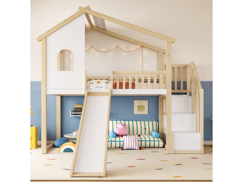  Lit mezzanine enfant, lit cabane 90x200 cm avec toboggan, escalier de rangement, fenêtre, barrières de sécurité, bois massif, blanc et naturel  - Conforama D