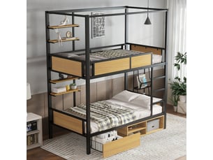 Lit superposé en fer et mdf noir et naturel 90x200 cm, rangements sous le lit, double tablette, rideau haut