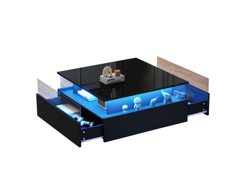  Table basse led avec 2 tiroirs et espace transparent pour salon 70×70×41 cm en panneaux de particules noir  - Conforama A