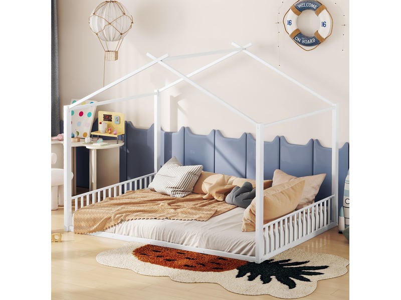  Lit enfant cabane 140x200 cm en métal blanc sans matelas  - Conforama D