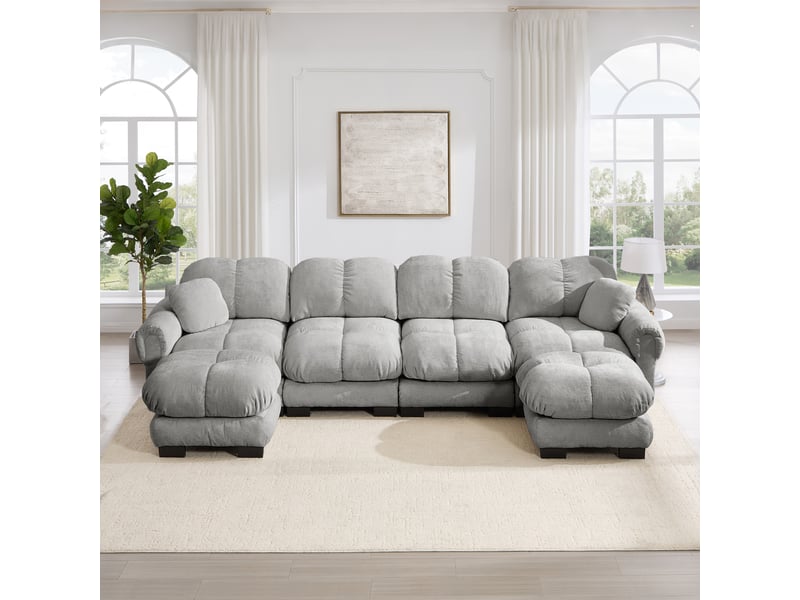 Canapé modulable 4 places 330 cm canapé droit en tissu chenille avec 2 pouf mobile, design matelassé, coussins épais, dossier ergonomique, gris clair Seren Glow - Conforama D