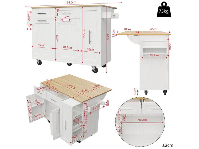 Îlot central de cuisine 110 x 4674 x 90.5 cm, avec plateau rabattable, étagères de rangement et roulettes, blanc - Conforama C