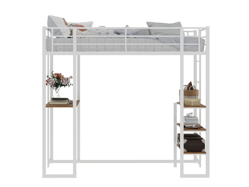  Lit métallique 90x190 cm – table intégrée, rambarde et marches – rangement sous le lit – chambre enfantadolescent  - Conforama A