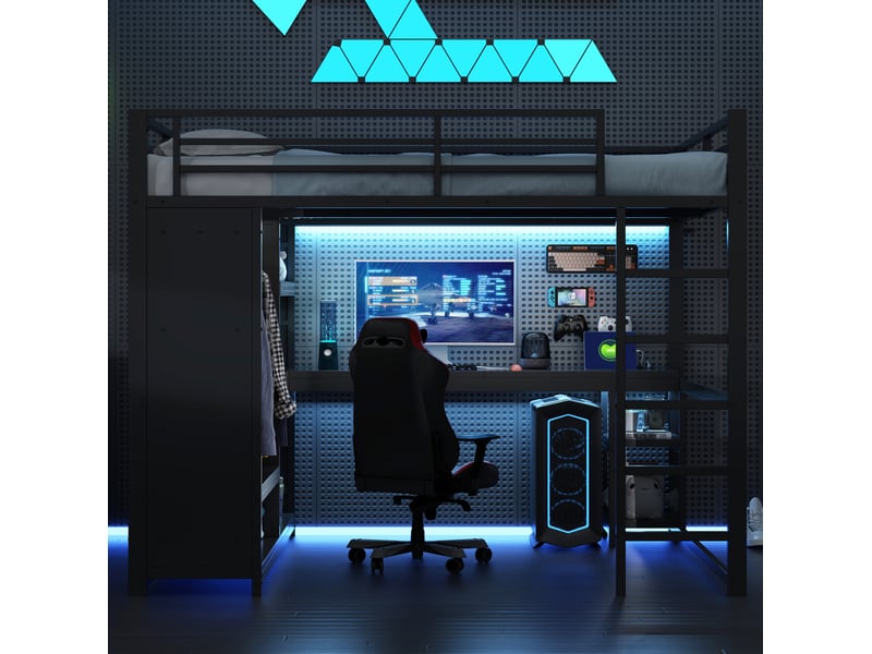 Lit mezzanine 160x200 cm en métal avec led, bureau, penderie et étagères noir - Conforama D