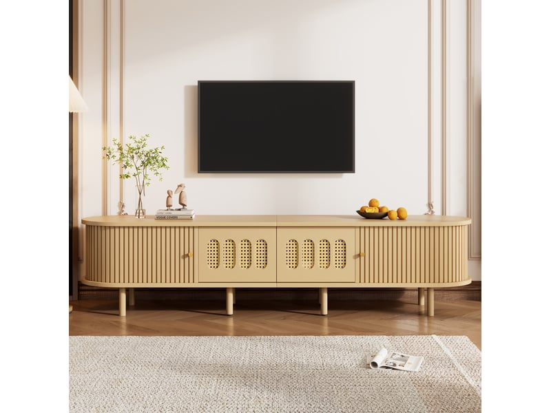  Meuble tv avec portes en rotin 180x40x40 cm en mdf bois clair  - Conforama W