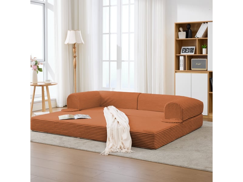  Canapé droit 2 places convertible lit orange tissu côtelé avec rangement intégré salon moderne  - Conforama B