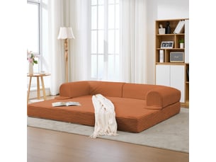 Canapé droit 2 places convertible lit orange tissu côtelé avec rangement intégré salon moderne