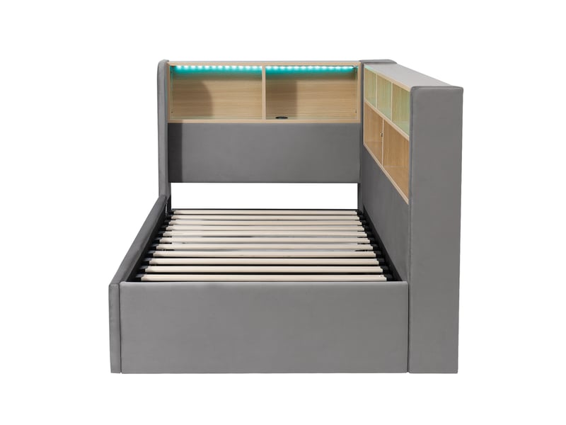 Canapé-lit 90x200 cm, lit enfant, couchage d'appoint, rangement hydraulique, led, port usb, velours gris - Conforama B