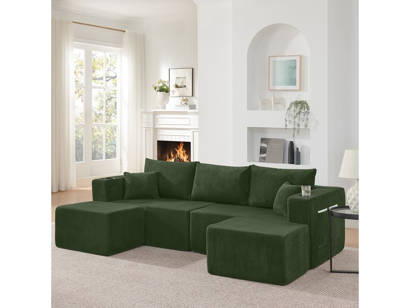  Canapé d'angle modulable - 230x138x75cm - canapé 3 places en velours côtelé avec 2 poufs amovibles et porte-gobelets - vert  - Conforama D