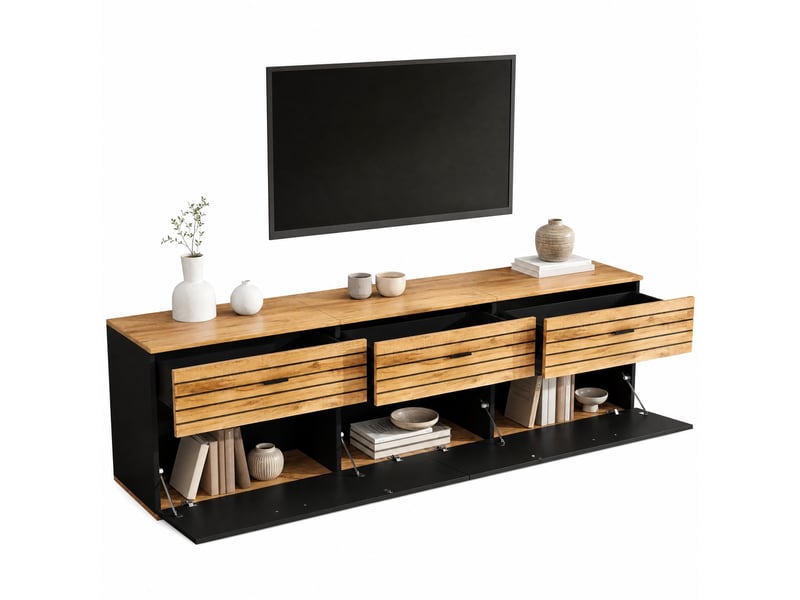  Meuble tv 168 x 38 x 59 cm, 3 tiroirs et 2 portes abattantes, noir et bois  - Conforama A