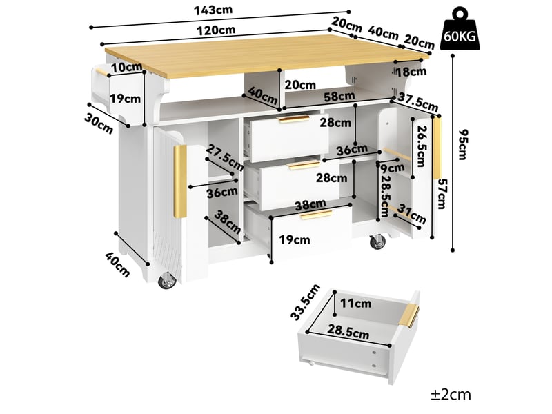  Desserte 120x40x95 cm extensible à roulettes, 3 tiroirs et 2 portes, blanc et chêne  - Conforama C