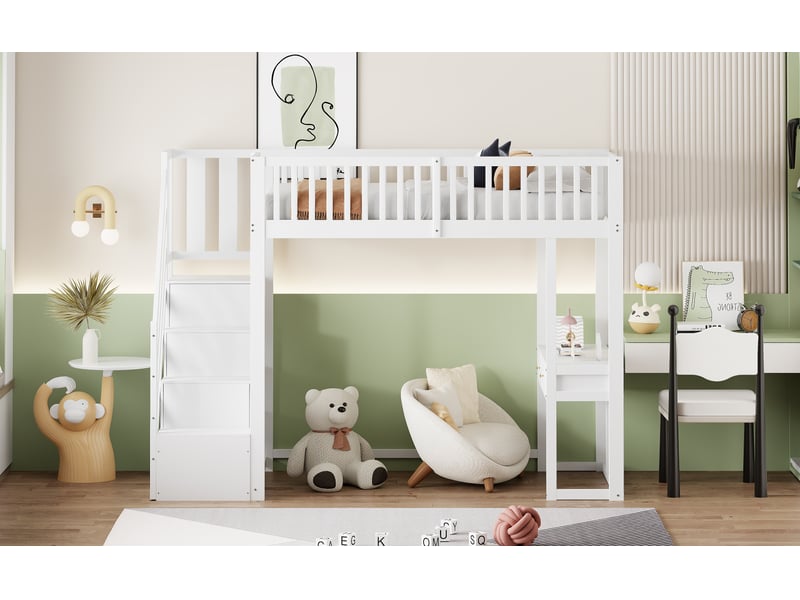  Lit superposé 90x200 cm blanc bois de pin avec bureau multifonction escalier de rangement sécurisé pour enfant et adolescent Sol Morn - Conforama B