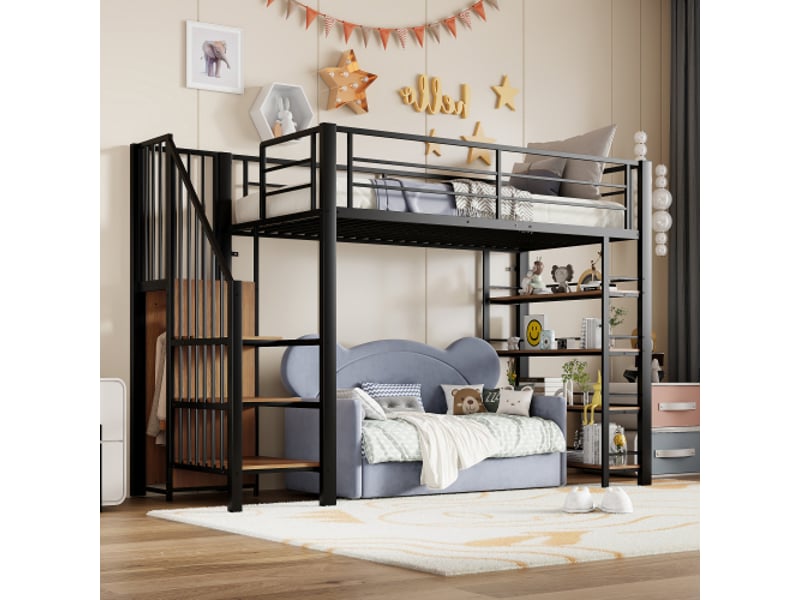  Lit mezzanine 90x200 cm, lit simple avec escalier de sécurité, rangements et petite penderie, étagères, sans matelas, en métal, noir  - Conforama B