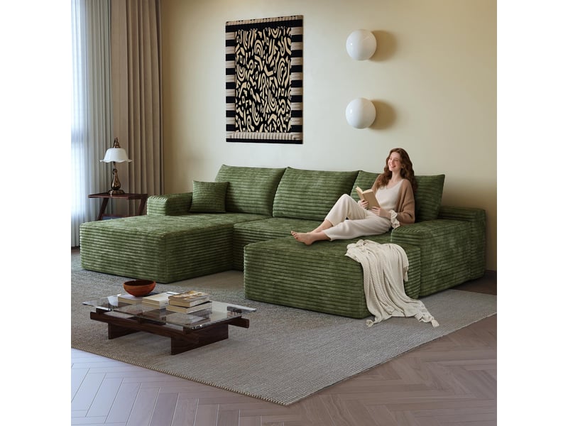  Canapé d'angle modulaire 270cm - canapé en l avec méridienne gauche, velours côtelé, sans montage - vert  - Conforama B