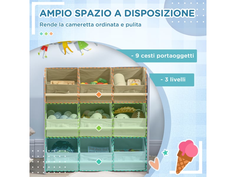  Armoire à jouets avec 9 paniers amovibles en mdf et tissu, 63 x 30 x 60 cm, gris et blanc  - Conforama E