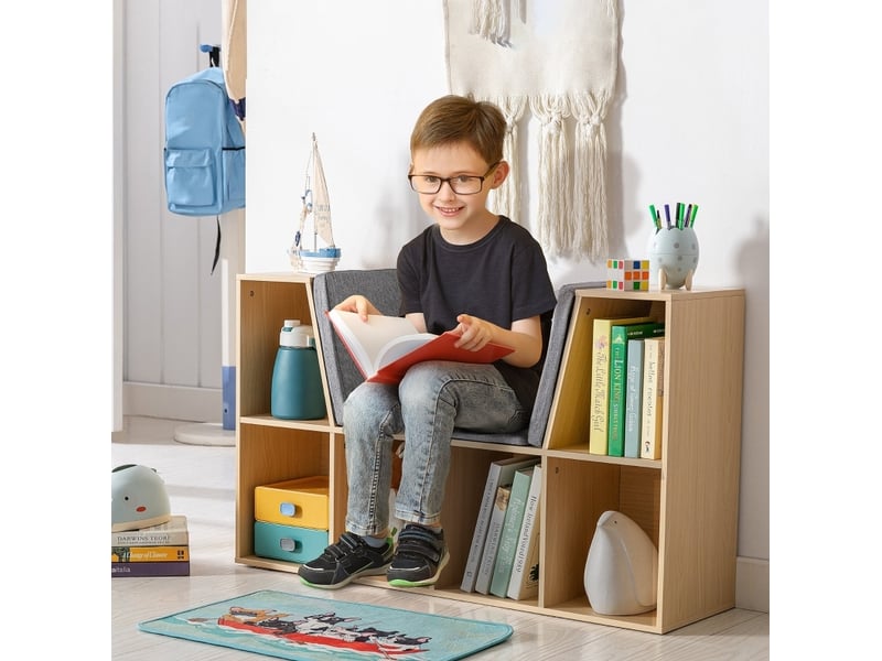  Bibliothèque enfant avec banc 103x30x62 cm – gris et naturel – 6 compartiments et 3 coussins  - Conforama B