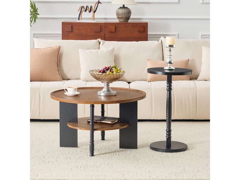  Lot de 2 tables basses rondes, table basse 80 cm avec rangement et bout de canapé 38 cm, mdf noyer et noir, pour le salon et la chambre.  - Conforama E