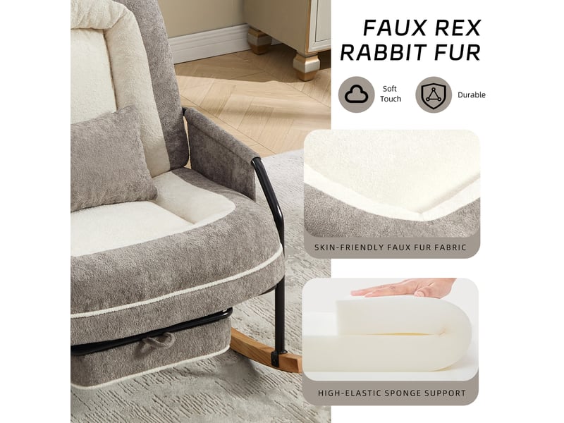  Chaise à bascule - 80 x 87 x 95 cm - gris clair - fauteuil à rocker inclinable avec repose-pieds et fausse fourrure  - Conforama E