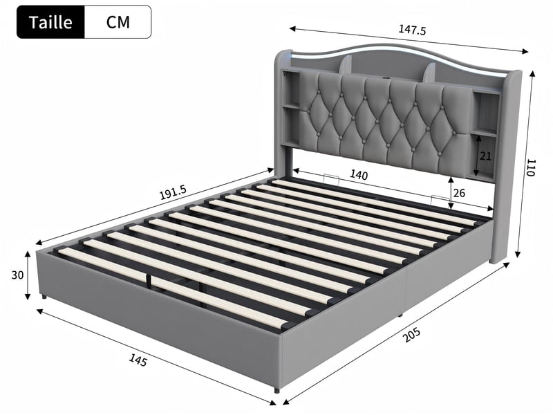  Lit coffre rembourré 140x190 cm - velours - avec éclairage led et port usb - tête de lit avec rangement  - Conforama C