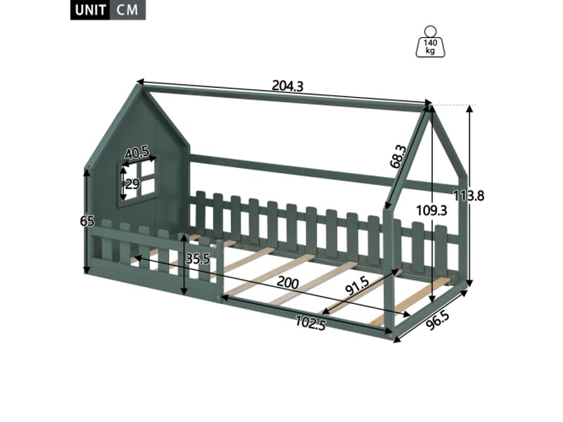  Lit cabane enfant 90x200 cm, pin, vert  - Conforama E