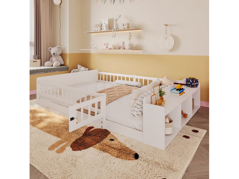  Lit enfant 140 x 200 cm avec rangement ouvert, barrière ouvrante, blanc, bois et mdf  - Conforama B