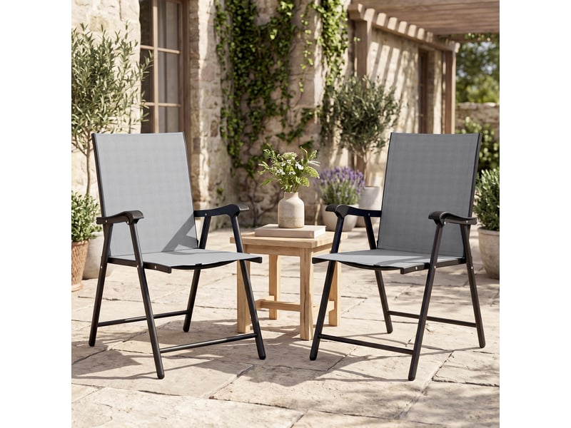 Lot de 2 chaises pliantes avec dossier haut et accoudoirs, gris clair - Conforama C