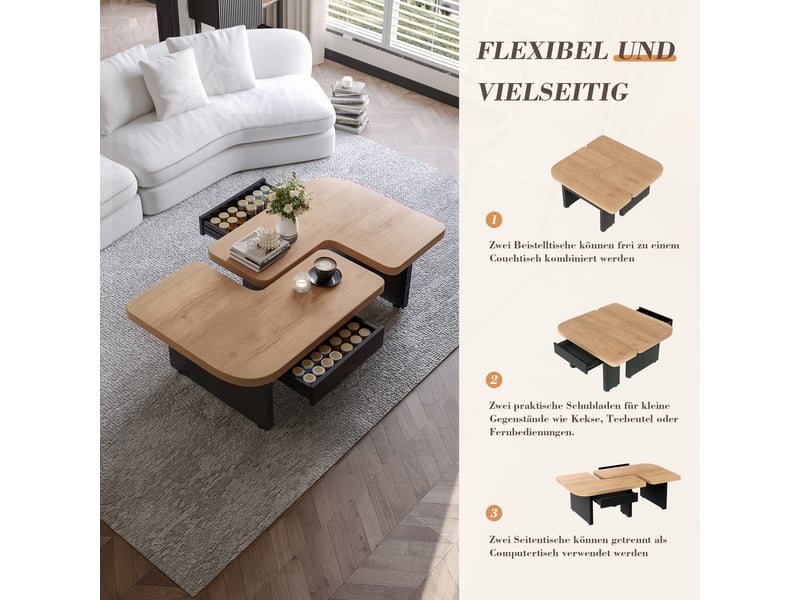  Table basse avec 2 tiroirs, led et design 2-en-1, pour salon, 90 × 60 × 44,5 cm, en mdf, naturel  - Conforama E