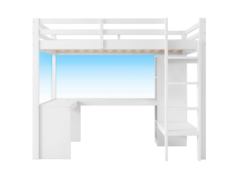  Lit mezzanine 140x200, bureau, rangements, led bluetooth usb, pin et mdf blanc sans matelas  - Conforama A