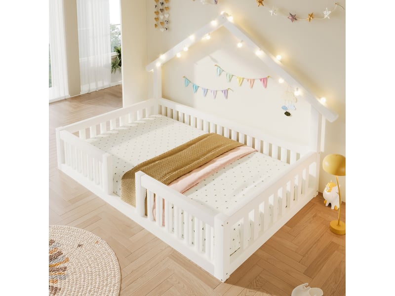 Lit cabane enfant modenvie 90 x 200 cm avec barrière de sécurité led mdf et pin blanc  - Conforama D