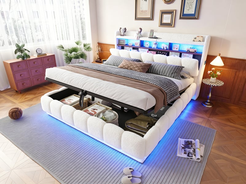  Lit coffre 180 × 200 cm, tissu bouclette, led, port usb, sommier métallique, grand rangement hydraulique, blanc  - Conforama B