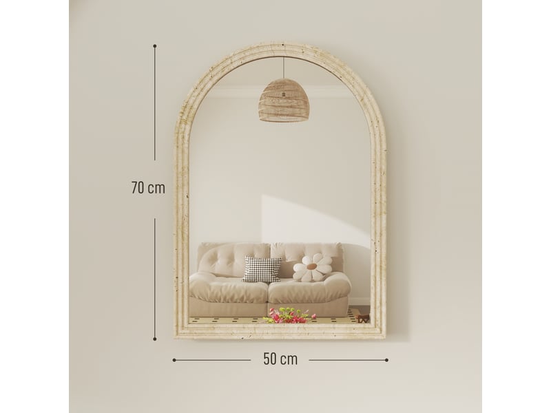  Miroir mural arqué, miroir moderne avec bord rainuré et crochets, 50 x 70 cm, verre trempé et polystyrène, beige  - Conforama C