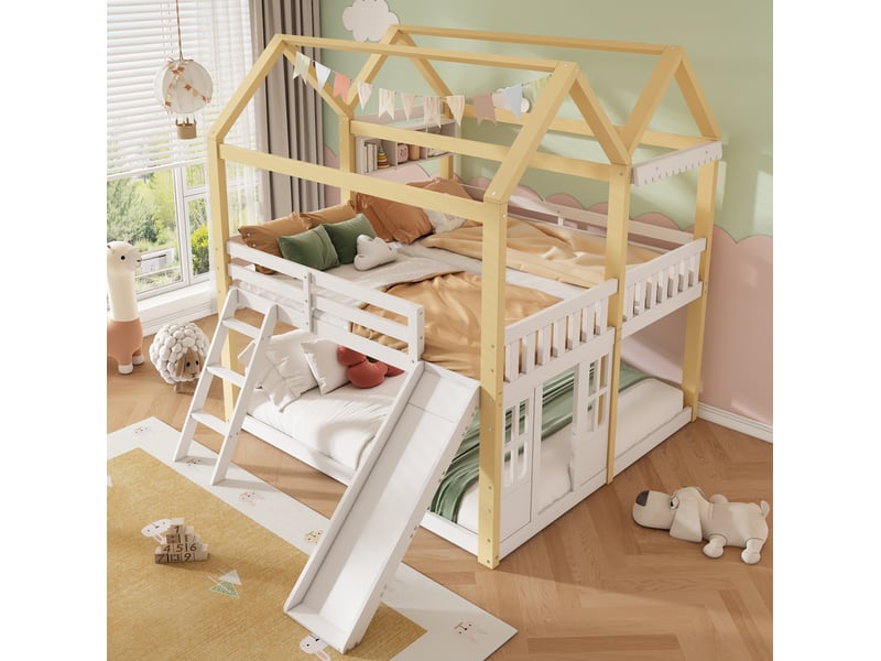  Lit cabane enfant modenvie mi-hauteur avec toboggan et échelle 90 x 200 cm blanc et naturel  - Conforama D