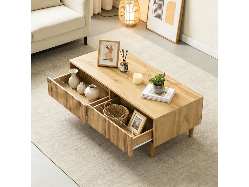 Table basse de salon avec tiroirs et éclairage led, chêne  - Conforama B