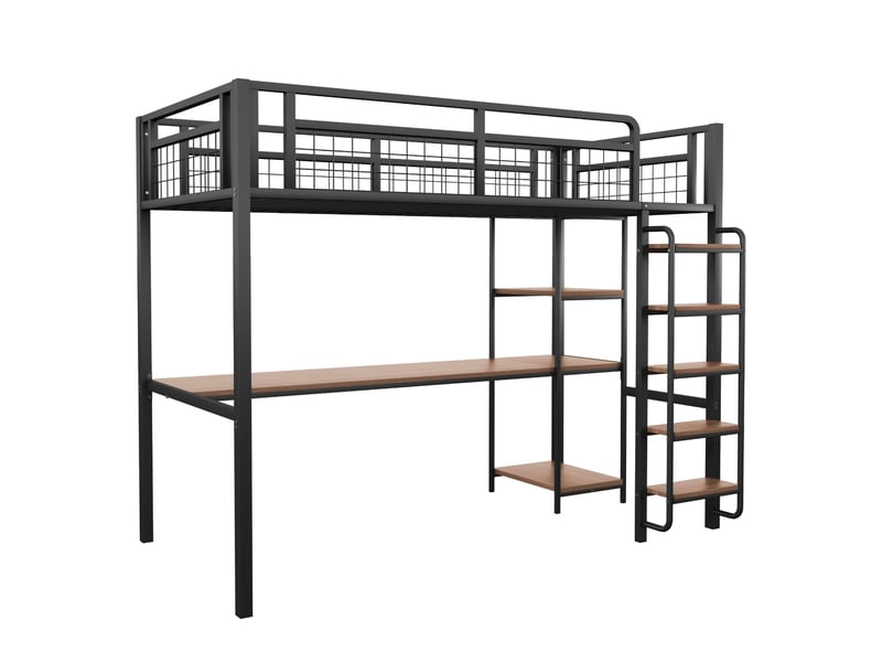  Lit mezzanine 90 x 200 cm avec bureau, étagères et échelle, métal, noir Fay Lum - Conforama A