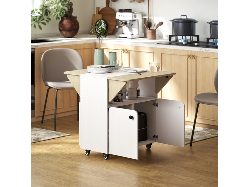 Table à manger pliante sur roulettes, table de cuisine 4 personnes, 2 abattants, étagère, placard, 70x83x75cm, blanc - Conforama C