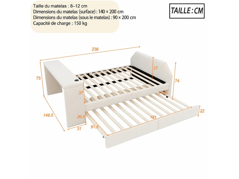  Lit enfant 140 x 200 cm avec bureau, prise usb et lit gigogne 90 x 200 cm beige  - Conforama C