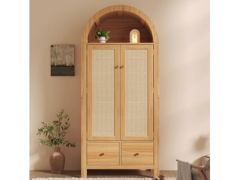  Armoire avec 2 portes en rotin, 2 tiroirs, penderie et niche ouverte, finition chêne pour chambre, 78 × 45 × 181 cm  - Conforama C