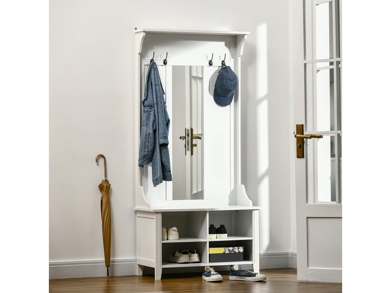 Porte-manteau sur pied avec miroir et étagère à chaussures, 4 crochets, bois, 80 x 40 x 170 cm, blanc  - Conforama C