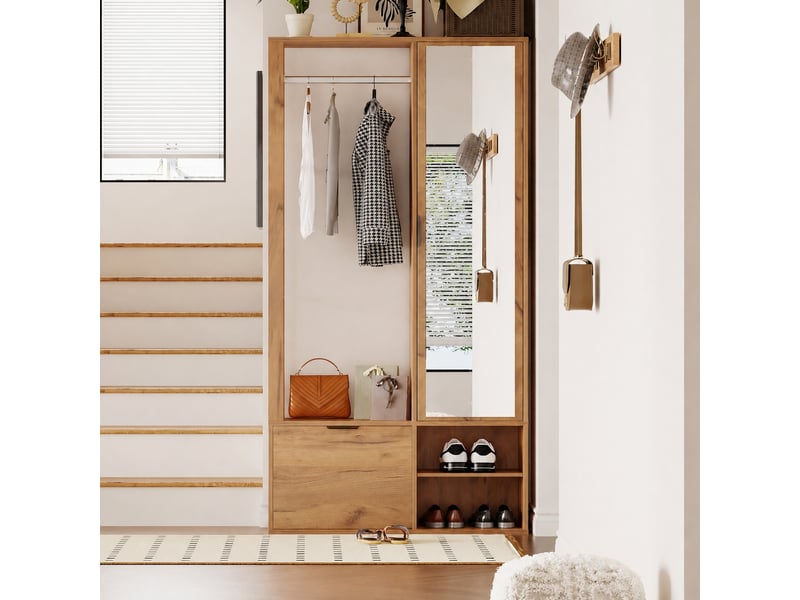  Meuble d’entrée avec miroir et penderie ouverte, 9 rangements, 100 x 33 x 190 cm, bois naturel  - Conforama C