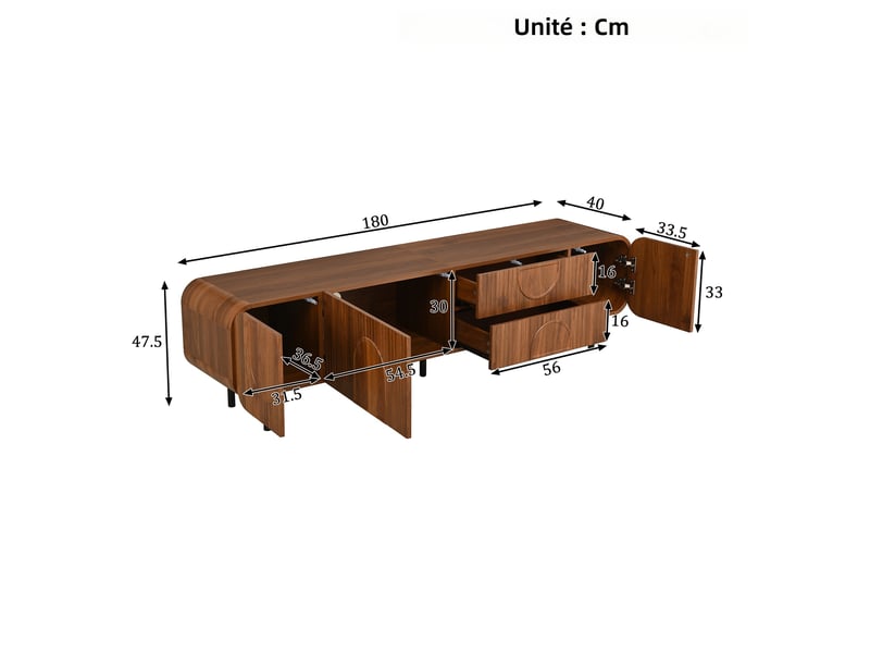  Meuble tv 180 cm noyer style médiéval mdf et panneaux de particules avec 3 portes 2 tiroirs et passe-câbles pour salon evarich - Conforama C