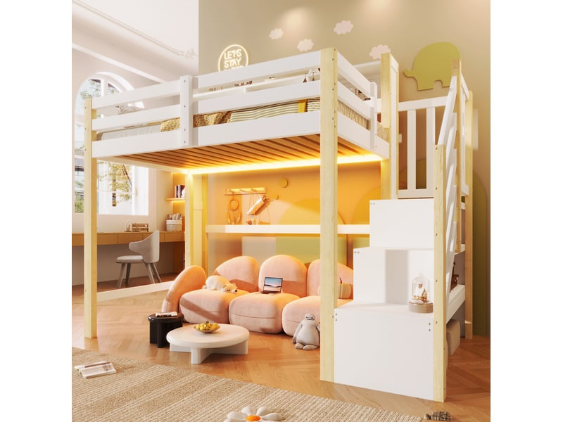  Lit mezzanine enfant 90x200 cm, led, escalier de rangement, espace sous le lit, mdf, blanc et naturel, sans matelas  - Conforama D