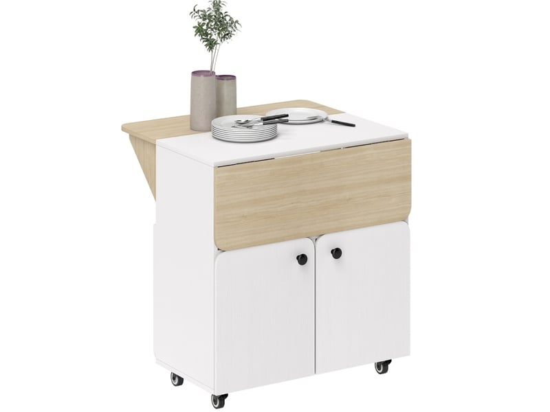  Table repas extensible avec rangement et roulettes en bois blanc cravdom  - Conforama A