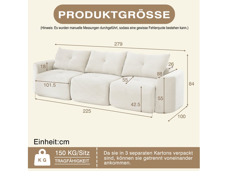  Canapé modulaire 3 places avec assise individuelle amovible, configuration 2+1 en velours côtelé beige  - Conforama C